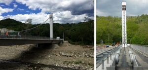 Figures 5 and 6. Castagnetoli bridge, from the valley during the load tests, and detail of the scaffold structures.